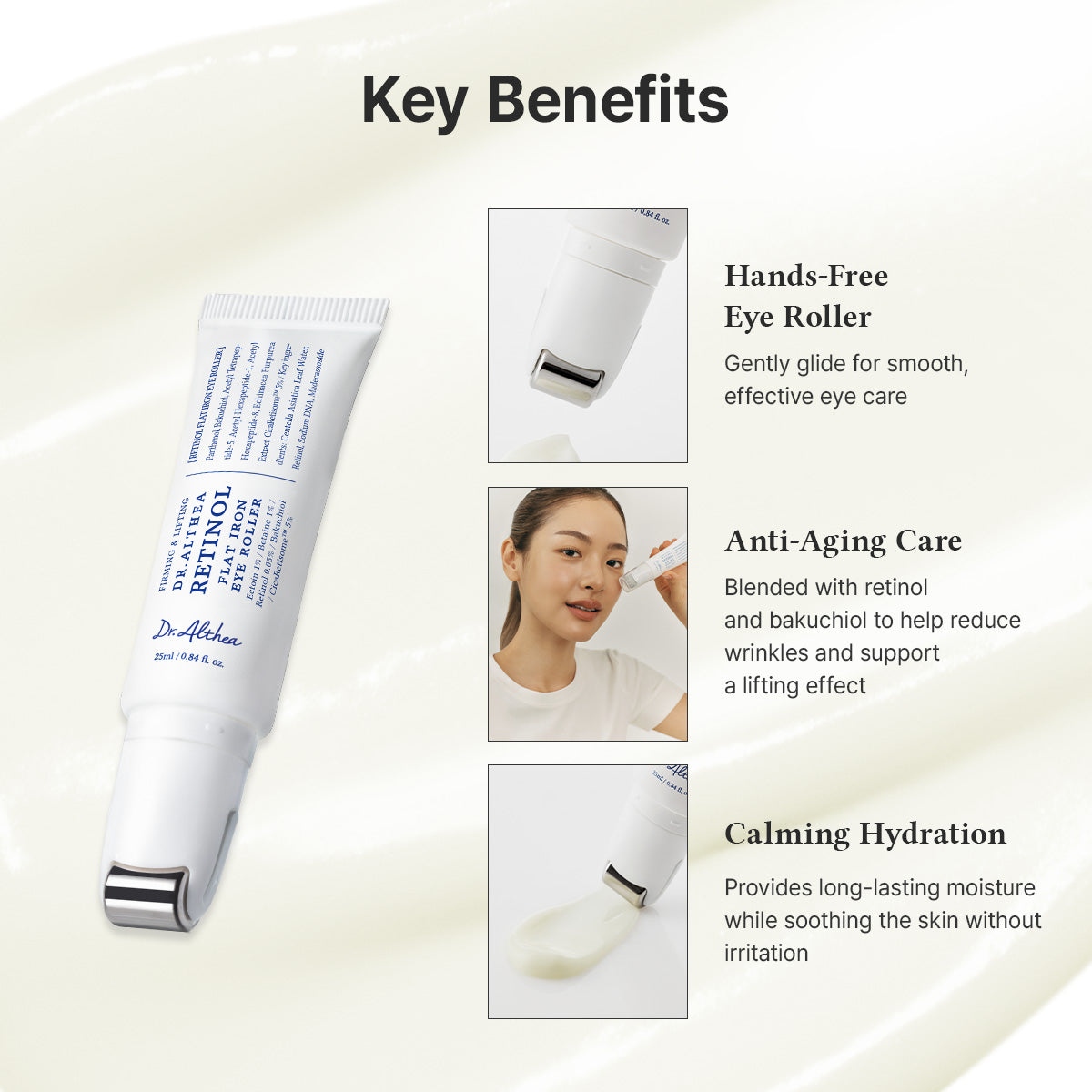 DR.ALTHEA Retinol Flat Iron Eye Roller rolling along the under-eye area