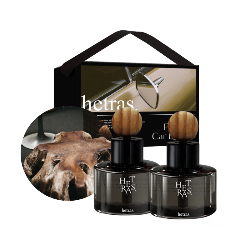 HETRAS Premium Car Diffuser Set Hotel Wood 2 x 77ml packaging