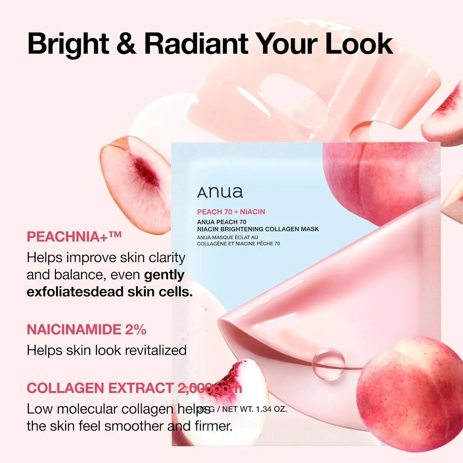 Anua Peach 70 Niacin Brightening Collagen Mask 38g - 1 BOX / 4 PCS