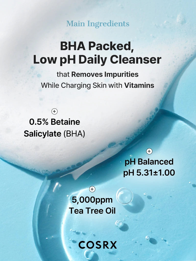 COSRX Low pH Good Morning Gel Cleanser key ingredients tea tree and BHA