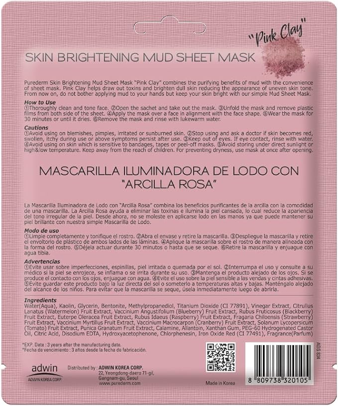 PUREDERM Skin Brightening Mud Sheet Mask PINK CLAY 1pc