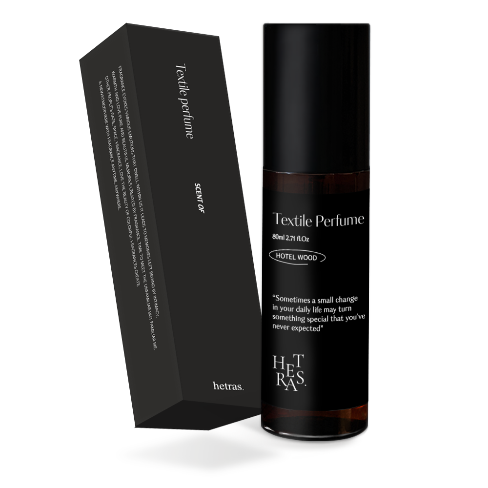 HETRAS Textile Perfume Hotel Wood 80ml packaging and box